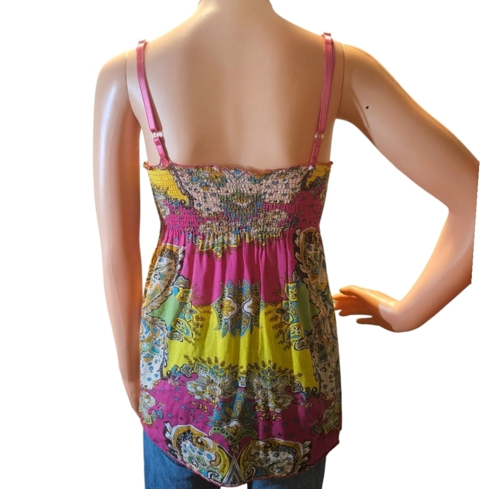 WM Y2K Paisley Print Babydoll Smocked Waist Tank Top Sz M Fairy Boho Peasant - Picture 3 of 13